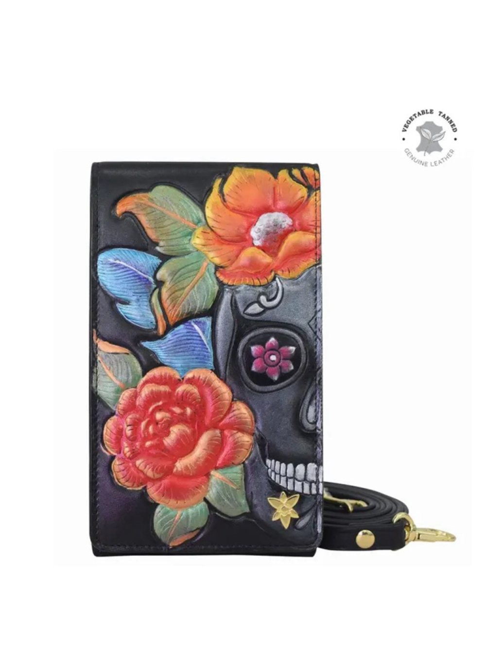 Anuschka Hand-Painted Midnight Calavera Sugar Skull Smartphone Crossbody Bag